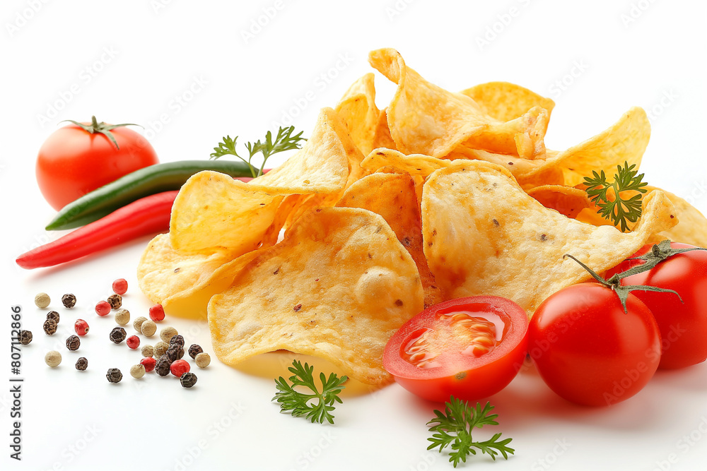 Chips potato with tomato, herbs isolated on white background, Image for cafe menu, Banner Chips potato with tomato, herbs isolated on white background, Image for cafe menu, Banner