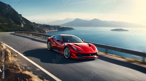 Red sports car on the road. Panoramic view from above.