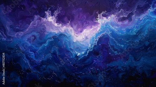 Resembling the rhythmic motion of ocean waves, this textured artwork captivates with deep blue and purple hues, enhancing any space with its tranquility. photo
