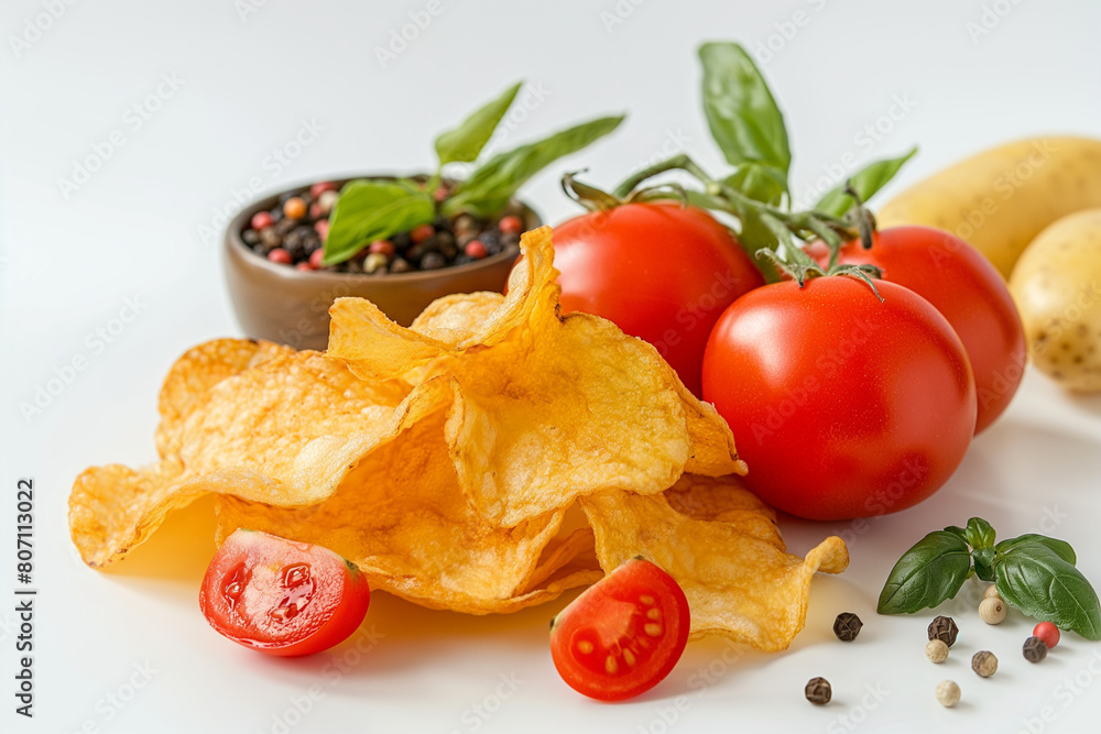Chips potato with tomato, herbs isolated on white background, Image for cafe menu, Banner Chips potato with tomato, herbs isolated on white background, Image for cafe menu, Banner