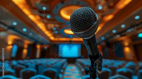 Speaking concept highlighted by a close-up of a microphone in hand, blurred background of an occupied seminar room, studio-lit for clarity photo