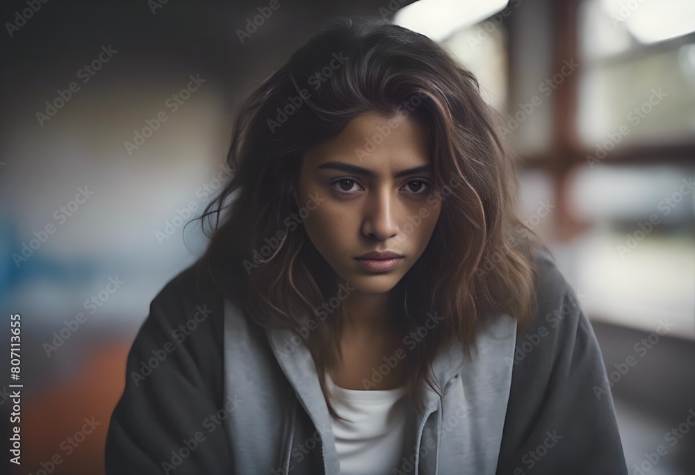 Portrait of Resilience: Young Hispanic Woman, Expressing Sadness, Captured in a Homeless Shelter, Reflecting the Struggles and Strength of Those Facing Adversity.
Portrait of Resilience: Young Hispanic Woman, Expressing Sadness, Captured in a Homeless Shelter, Reflecting the Struggles and Strength of Those Facing Adversity.