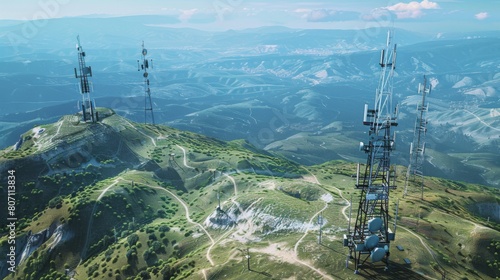An aerial view of a network of signal towers dotting the landscape, providing coverage and connectivity for vast geographical areas.
