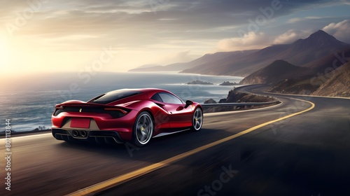 Red sports car driving on the road at sunset. 3d rendering