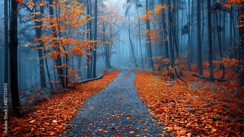 A serene and mystical scene of a forest path covered with vibrant orange leaves, surrounded by foggy, blue-toned autumn trees.