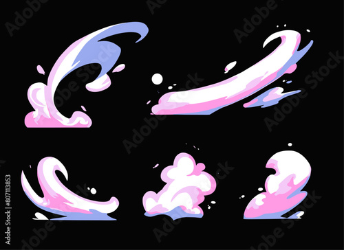 Big set of visual vector cartoon effects of splash of liquid or smoke, perfect for animation design, illustration, carton, anime, CG game art, tactical design, etc.
