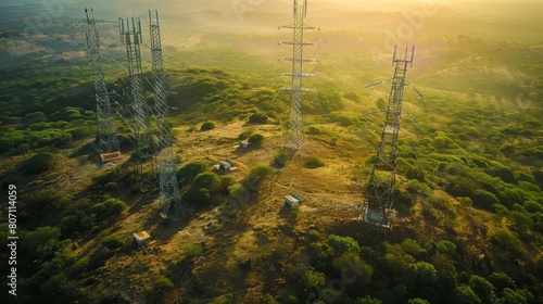 An aerial view of a network of signal towers dotting the landscape, providing coverage and connectivity for vast geographical areas. photo
