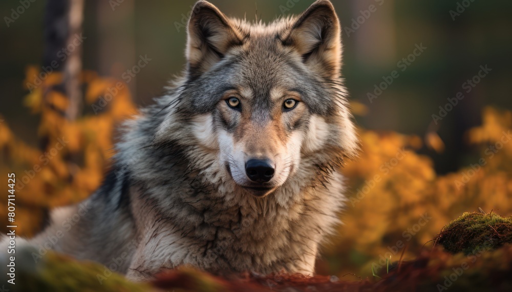 A Grey Wolf is standing in a forest and looking directly at the camera