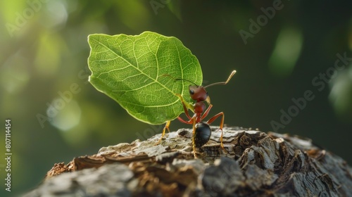 An ant carrying a leaf fragment many times its size, showcasing the remarkable strength and determination of these tiny insects. © Plaifah