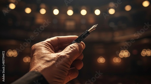Intense close-up of a hand holding a fountain pen, capturing the emotion and focus of an actor standing on stage, isolated setting