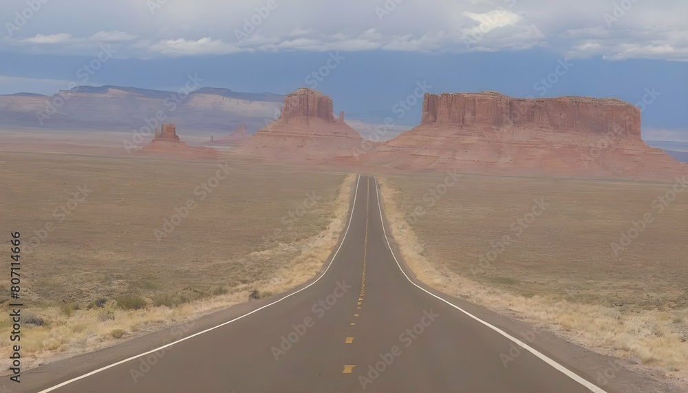 A remote desert road flanked by mesas and buttes