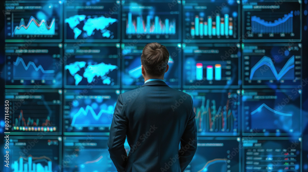 businessman in front of performance indicator screen businessman in front of performance indicator screen