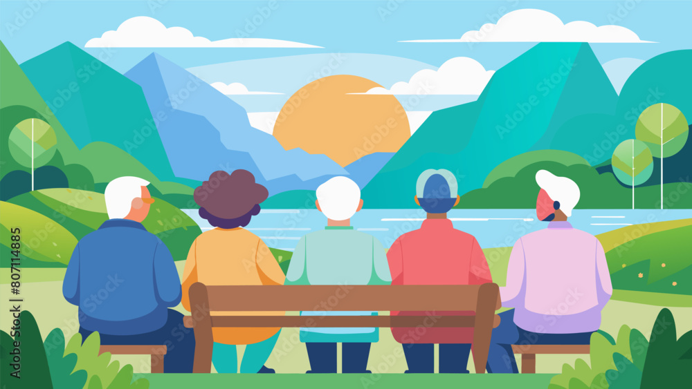A of seniors sitting on a bench taking a break from their walk and enjoying the beautiful view of a scenic valley.. Vector illustration