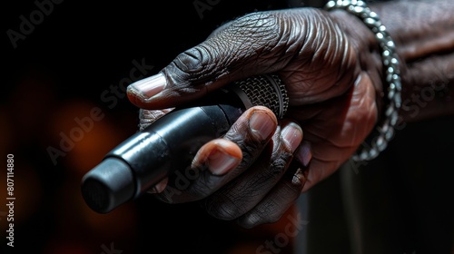 Hand of a singer holding a microphone during an emotional performance, close-up, highlighted by studio lighting on an isolated background