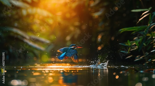 A brilliant blue Kingfisher with a vibrant orange beak dives into a calm river surrounded by lush greenery.