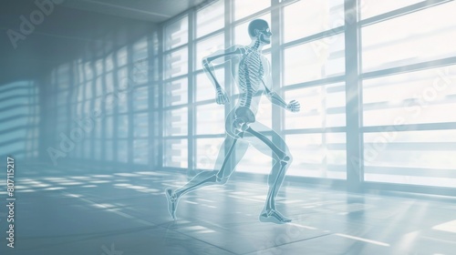 An illustration of orthopedic medical technology showing a man running with an x-ray of his skeleton.