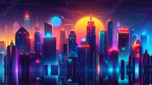 A vibrant digital illustration of a futuristic cityscape bathed in the glow of a sunset and neon lights, showcasing a blend of advanced technology and urban design. photo