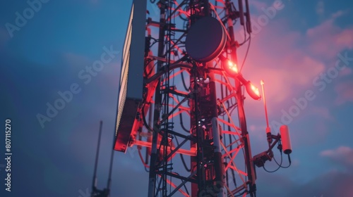 Close-up of a 5G signal tower transmitting high-speed data to smartphones and devices, powering the future of wireless technology.
