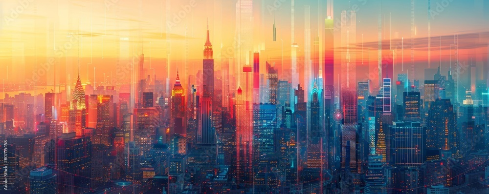 A digital artwork of a city skyline where each building is a bar in a bar chart, representing different industries and their financial contributions