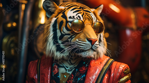 A tiger wearing sunglasses and a red suit