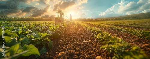 A dual scene of a farmer using machinery in a lush field preshock, and postshock manually tilling a much barer land photo