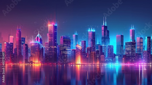 In a vibrant digital illustration  a futuristic cityscape is bathed in the glow of a sunset and neon lights  highlighting a blend of advanced technology and urban design.