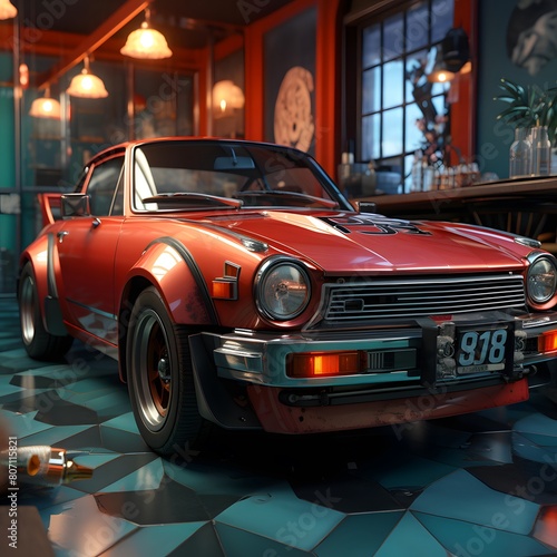 Retro american car in a museum. 3d rendering.