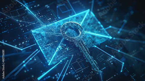 An imaginative illustration of a key turning inside a lock superimposed on a mail icon, with digital encryption symbols radiating out, set against a secure network background. photo