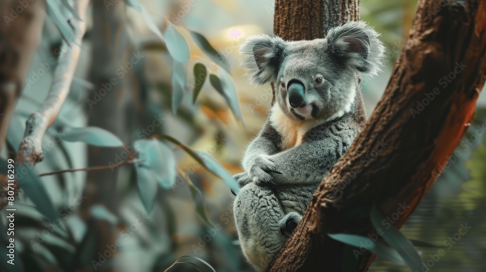 Fototapeta premium Koala Bear Sit On The Branch of the tree and eat leaves 4K Wallpaper.