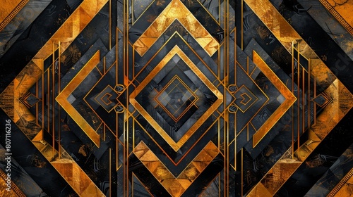Golden and black geometric patterns with a metallic texture create a striking abstract background.