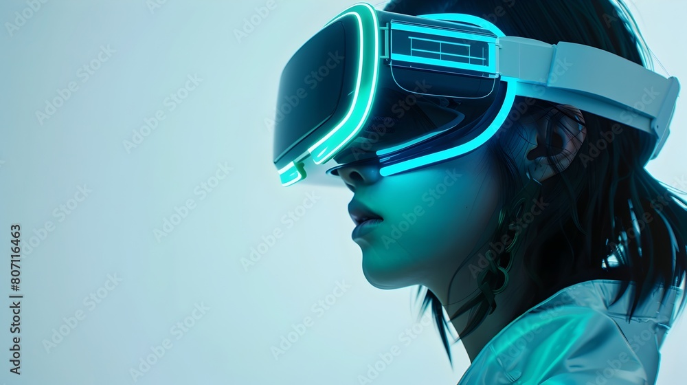 Futuristic Woman in Glowing Virtual Reality Glasses with Minimalistic Portrait Style Futuristic Woman in Glowing Virtual Reality Glasses with Minimalistic Portrait Style