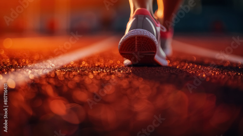 close-up of a person’s feet wearing running shoes stepping forward on an athletic track photo