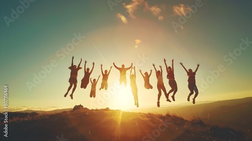 Silhouetted Group Leaping Joyfully at Glorious Mountain Sunrise