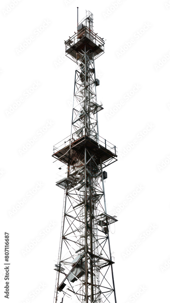 PNG Cutout of a metallic telecom tower architecture broadcasting electricity. PNG Cutout of a metallic telecom tower architecture broadcasting electricity.
