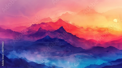 A watercolor effect adds to the dreamy ambiance of a landscape painting featuring mountains in shades of pink and blue.