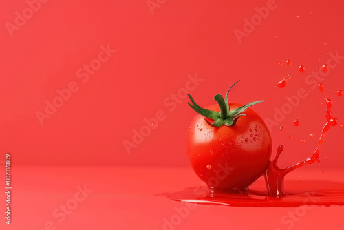 ripe tomato with a vibrant red color against a matching red background with a dynamic splash, with copy space for text