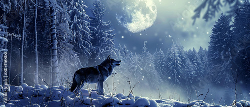 Three mysterious wolves with glowing eyes howling beneath a full moon in the night sky.