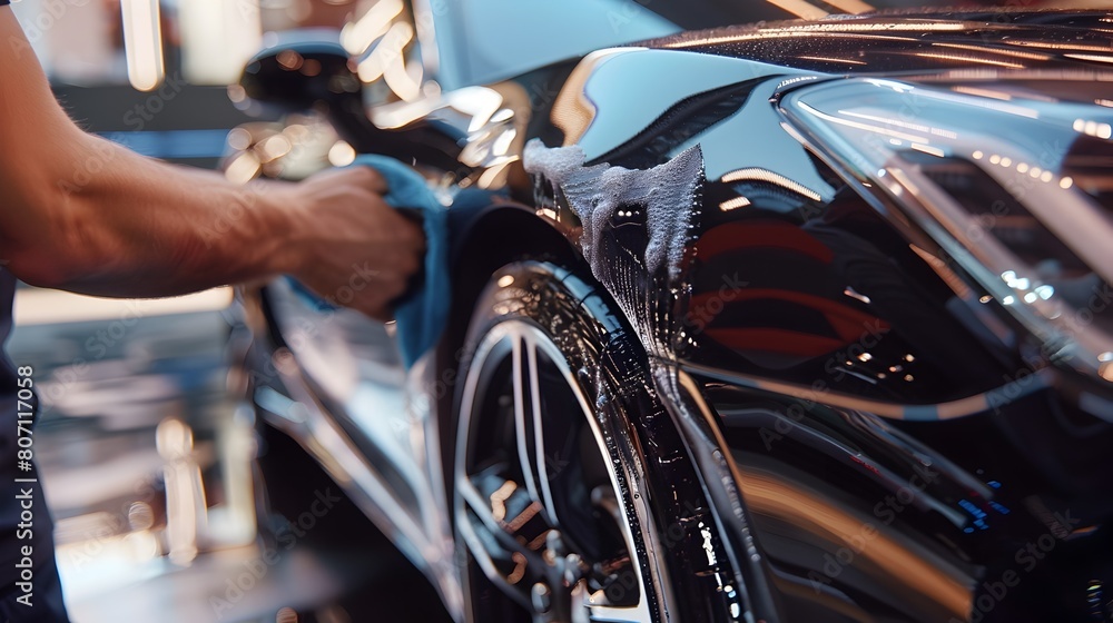 Meticulous Cleaning and Polishing of a Shiny Luxury Automobile in a Professional Automotive Workshop Meticulous Cleaning and Polishing of a Shiny Luxury Automobile in a Professional Automotive Workshop