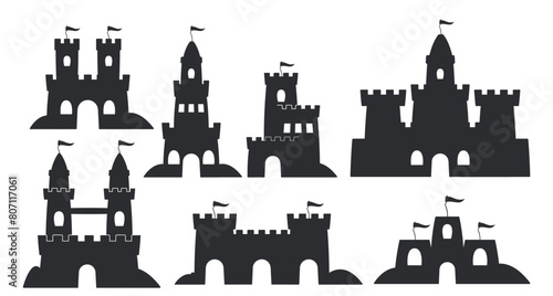 Vector Collection Of Different Sand Castles In Clean, Monochromatic Design, Perfect For Illustrations Of Vacations