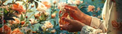 Close-up of a girl's hands holding a vintage perfume bottle, about to dab the fragrance on her wrist, with a hint of anticipation in her eyes, framed by a background that subtly hints at floral notes. photo