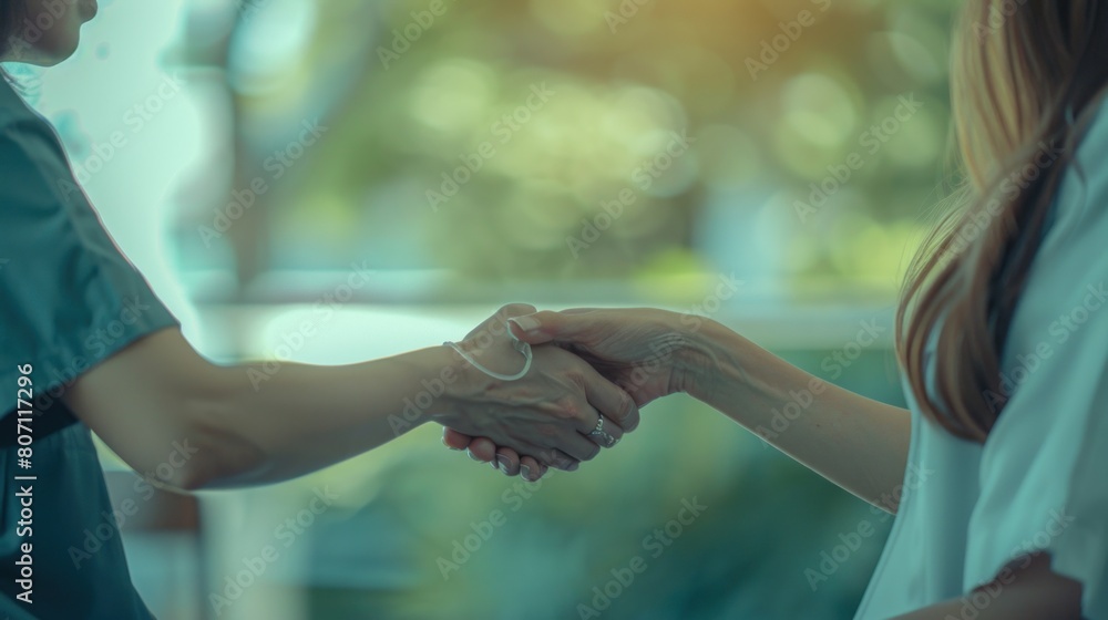 Woman therapist holding hand of female patient during her visit at hospital, explain health test results, provide professional medical care, consulting, discuss further treatment plan to cure disease.
