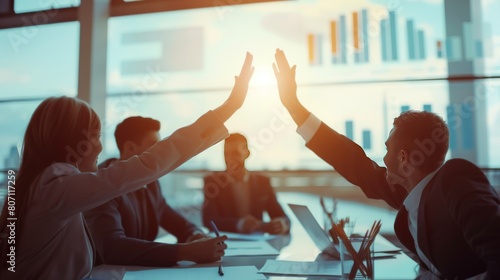 Team engaged in teamwork in boardroom, review sales results, market trends shown in charts, diagrams and graphs, giving high five, launching successful marketing campaigns, achieving financial goals.