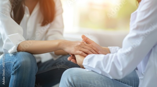 Woman therapist holding hand of female patient during her visit at hospital, explain health test results, provide professional medical care, consulting, discuss further treatment plan to cure disease. photo