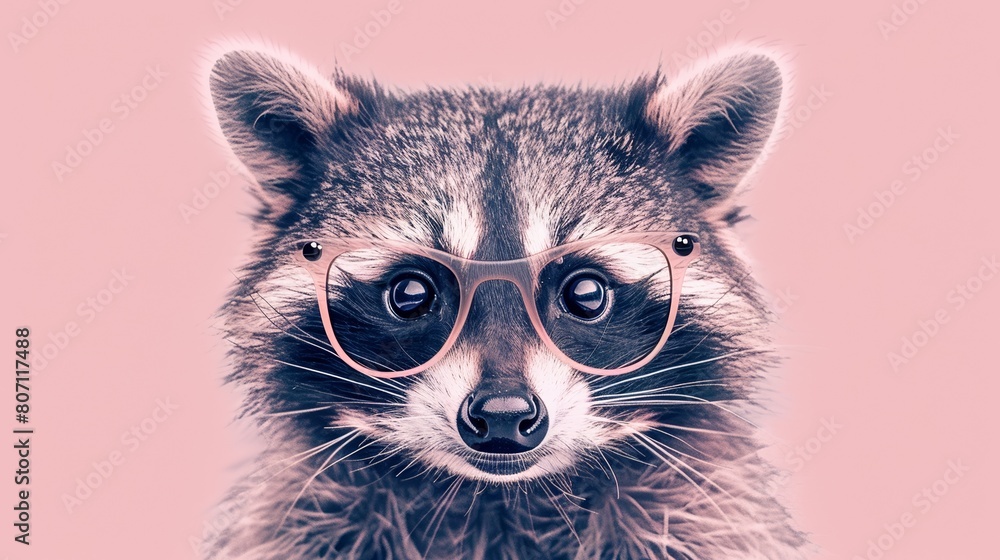 Close-up of a raccoon wearing stylish glasses, its mischievous eyes peeking over the rims, framed by a pastel pink hue.