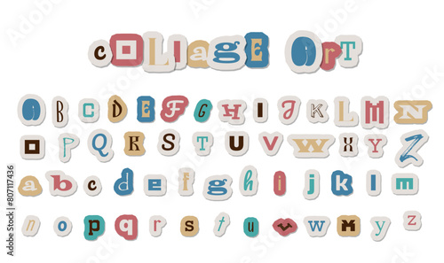 Retro Collage font with colorful anonymous letters set, cut out ransom note style alphabet. Grunge punk clipped elements collection. Isolated vector illustration photo