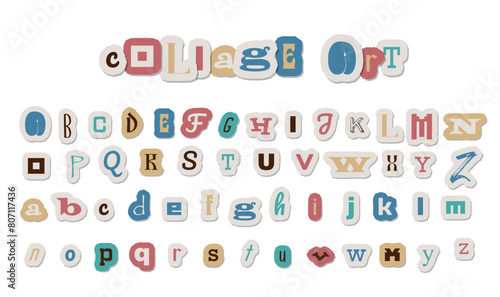 Retro Collage font with colorful anonymous letters set, cut out ransom note style alphabet. Grunge punk clipped elements collection. Isolated vector illustration