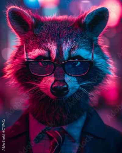 Close-up of a raccoon fashionista, glasses on the tip of its nose, dressed in a black tie attire, with a vibrant pink hue illuminating the scene.