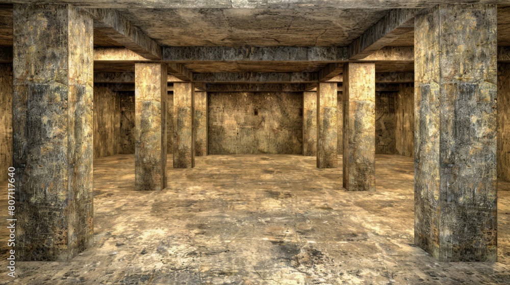 A sizable room adorned with columns, bearing substantially soiled floors A sizable room adorned with columns, bearing substantially soiled floors