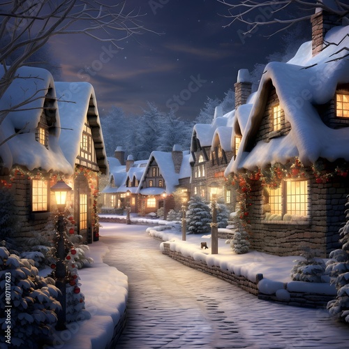 Winter village at night with snow covered houses and trees. Blurred background.