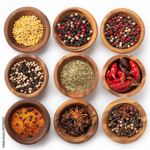 Various Spices In Wooden Bowls. Top Close-up View. Culinary Background. Ai Generative